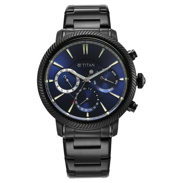 Stellar Quartz Multifunction Blue Dial Stainless Steel Strap Watch for Men