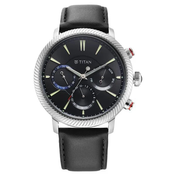 Stellar Quartz Multifunction Black Dial Leather Strap Watch for Men