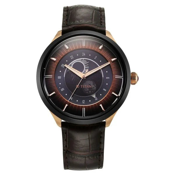Titan Stellar Quartz Analog Sun Moon Phase Brown Dial Leather Strap Watch For Men 10028KL02