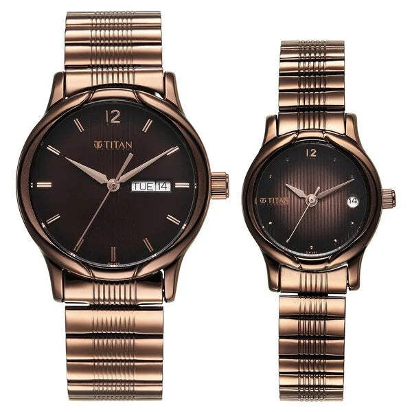 Titan Bandhan Quartz Analog With Date Brown Dial Stainless Steel Strap Watch For Couple 15802490QM01P