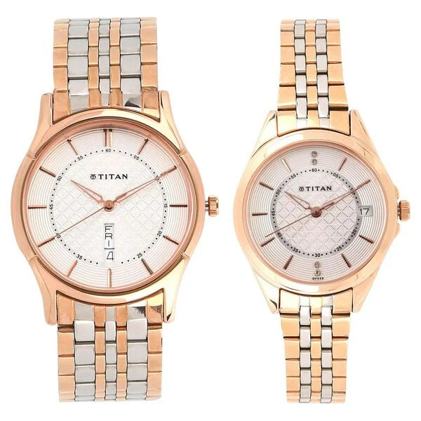 Titan Quartz Analog with Day and Date Silver Dial Stainless Steel Strap Watch for Couple NT16362565KM01P