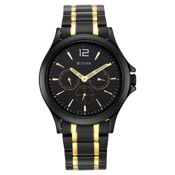Titan Black & Gold Black Dial Stainless Steel Strap Watch NS1698KM02