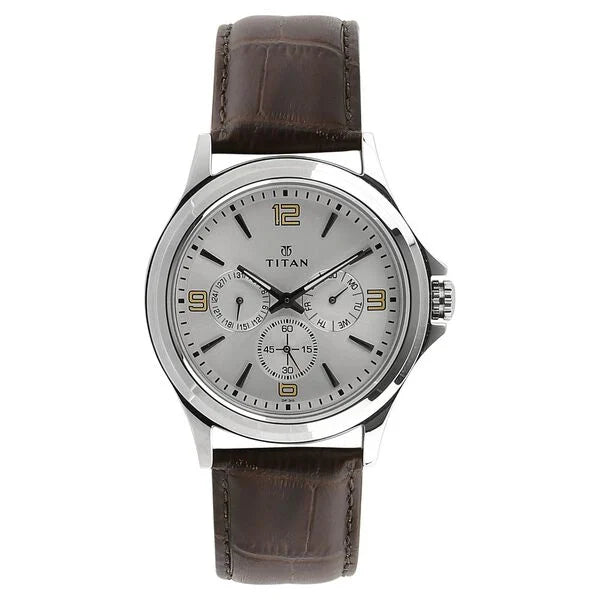 Titan Quartz Multifunction Silver Dial Leather Strap Watch for Men  NS1698SL01