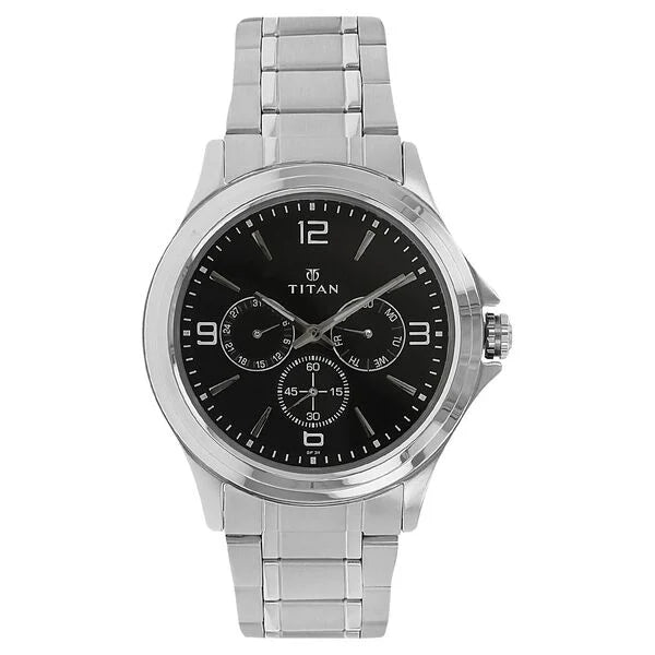 Titan Quartz Multifunction Black Dial Stainless Steel Strap Watch for Men NT1698SM01