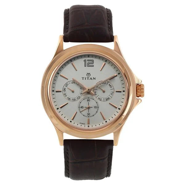 Quartz Multifunction White Dial Leather Strap Watch for Men