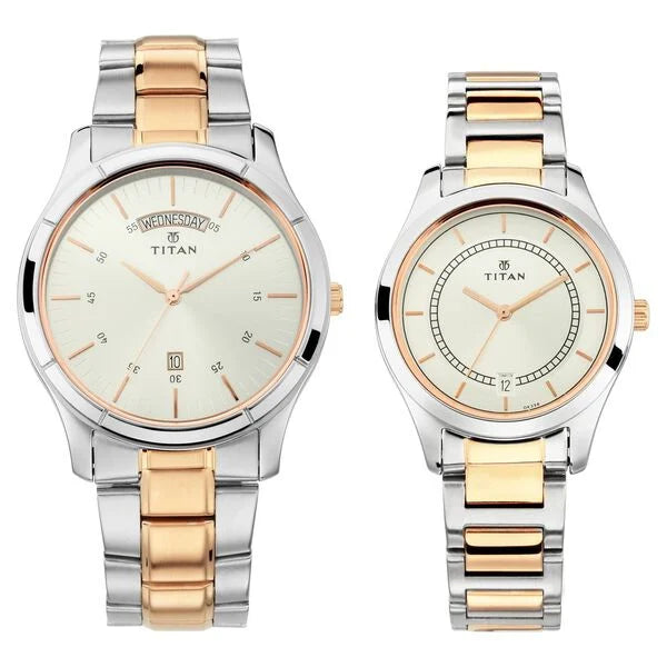 Titan Bandhan Quartz Analog with Day and Date Silver Dial Stainless Steel Strap Watch for Couple  NT17672596KM01