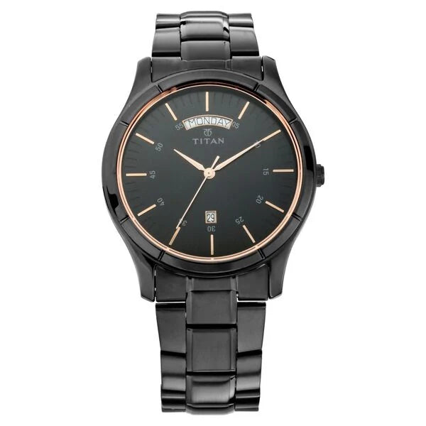 Quartz Analog with Day and Date Black Dial Stainless Steel Strap Watch for Men
