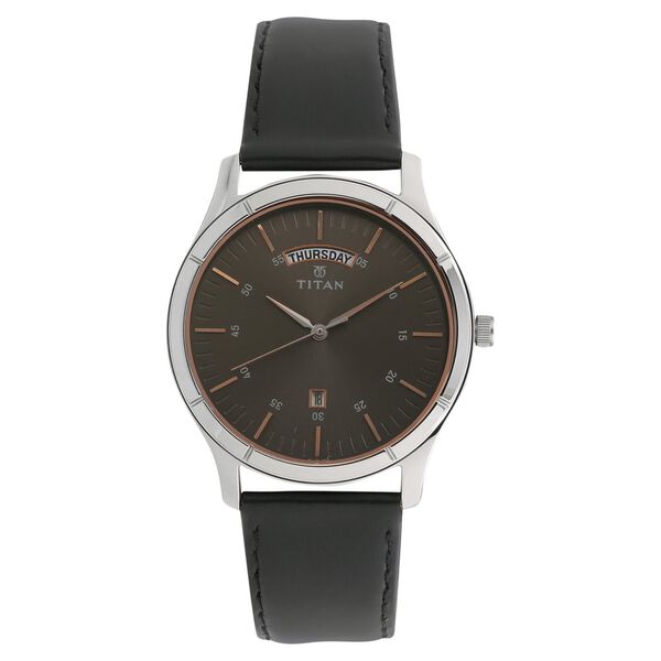 Workwear Anthracite Dial Analog with Day and Date Leather Strap Watch for Men