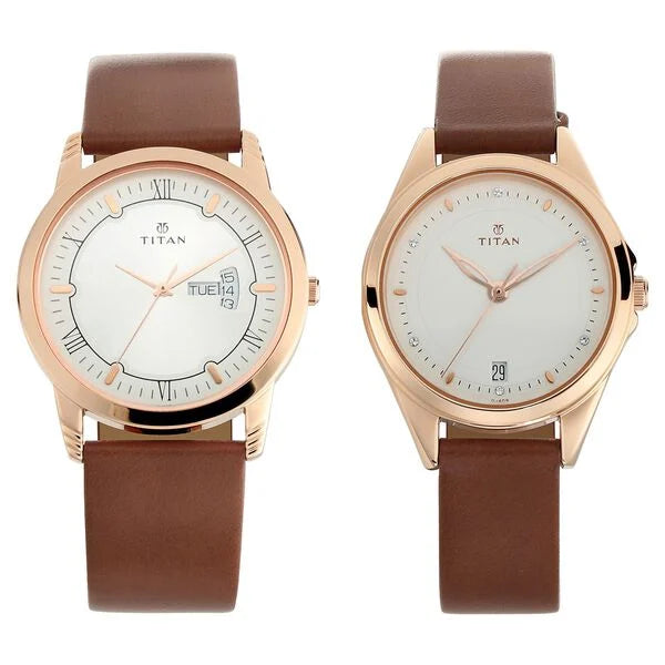 Titan Quartz Analog with Day and Date Silver Dial Leather Strap Watch for Couple NS17742565WL01P