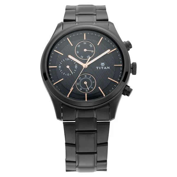 Men's Metropolitan Charm: Men's Multifunctional Black Watch with Metallic Accents