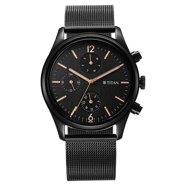 Neo Black & Gold Quartz Analog with Day and Date Black Dial Stainless Steel Strap Watch for Men