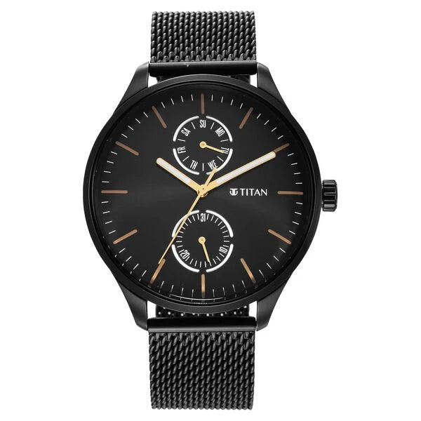 Black Dial Analog with Day and Date Stainless Steel Strap Watch for Men