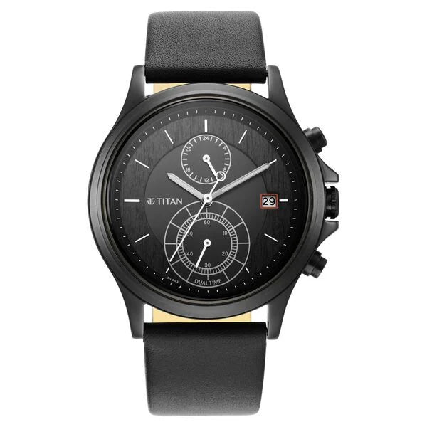 Workwear Black Dial Dual Time Leather Strap watch for Men