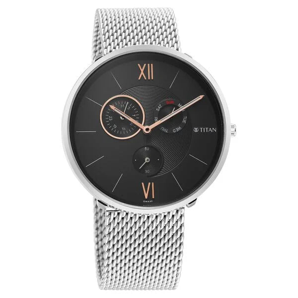 Slim Quartz Multifunction Black Dial Stainless Steel Strap watch for Men