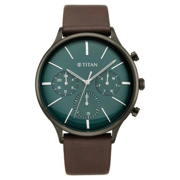 Titan Quartz Multifunction Green Dial Leather Strap Watch for Men NS90134QL01