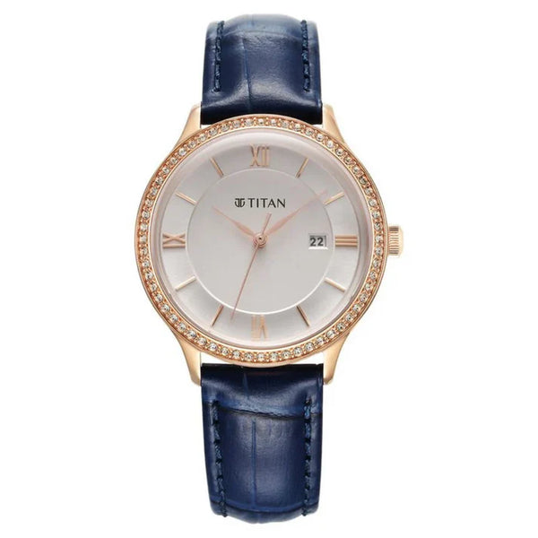 Titan Bright Leathers Quartz Analog with Date Silver Dial Leather Strap for Women NT95247WL06