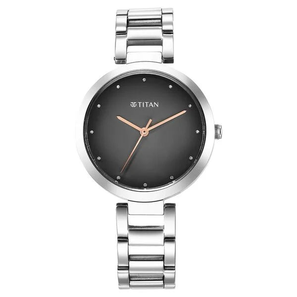 Titan Workwear Quartz Analog Black Dial Silver Stainless Steel Strap Watch For Women 2480SM13