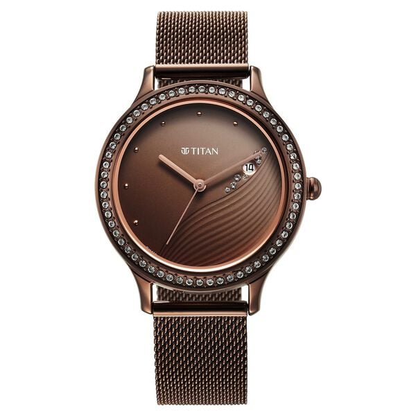 Titan Purple Glam It Up Brown Dial Analog with Date Stainless Steel Strap Watch for Women NT2634QM01