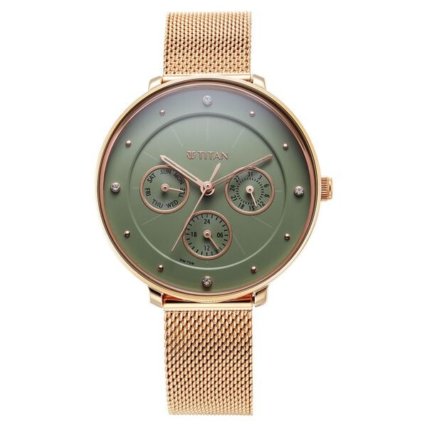 Neo Quartz Multifunction Green Dial Stainless Steel Strap Watch for Women