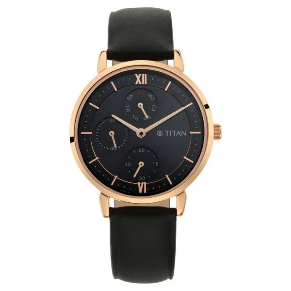 Titan Women's Regal: Roman Numeral Black Dial & Leather Strap Watch NS2652WL01