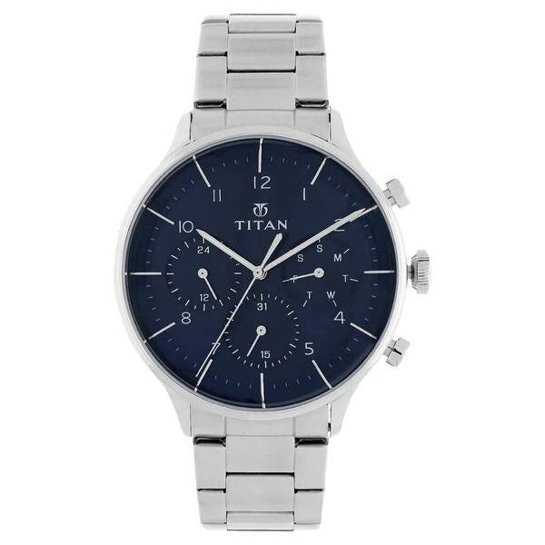 Titan Quartz Multifunction Blue Dial Stainless Steel Strap Watch For Men NR90102SM01