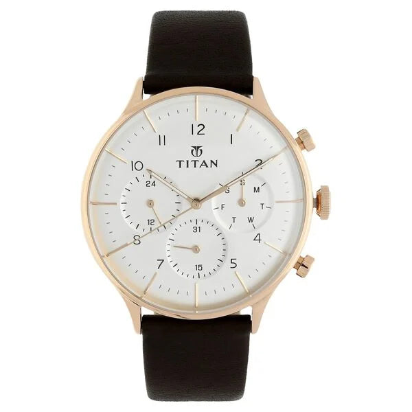 Quartz Multifunction White Dial Leather Strap Watch for Men