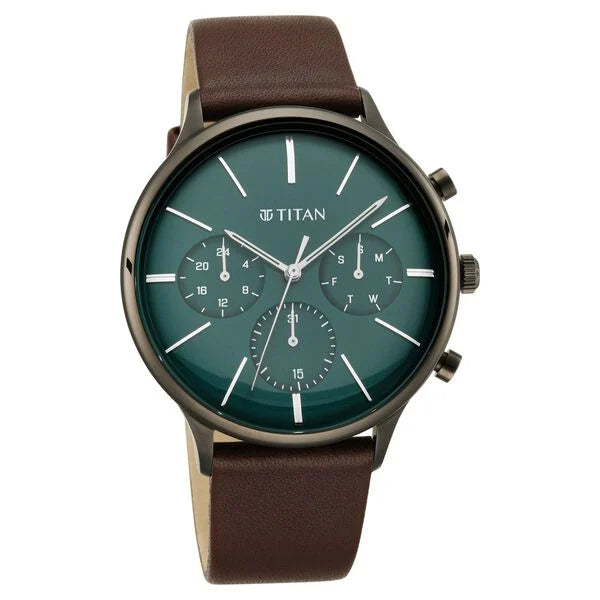 Quartz Multifunction Green Dial Leather Strap Watch for Men