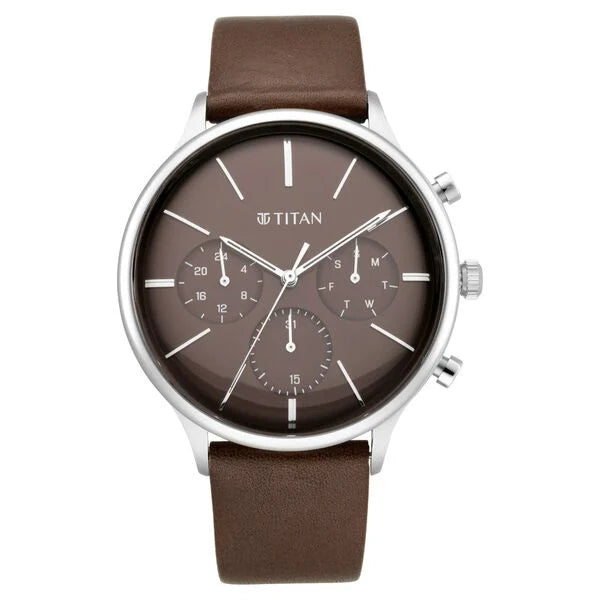 Titan Quartz Multifunction Brown Dial Leather Strap Watch for Men NS90134SL02
