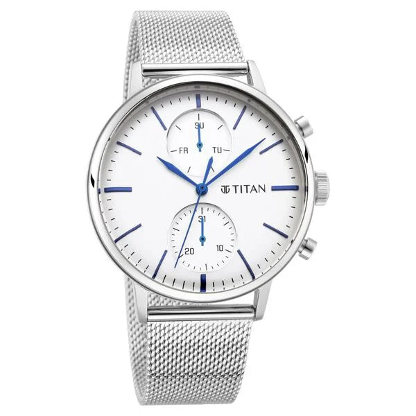 Quartz Multifunction Silver Dial Stainless Steel Strap Watch for Men