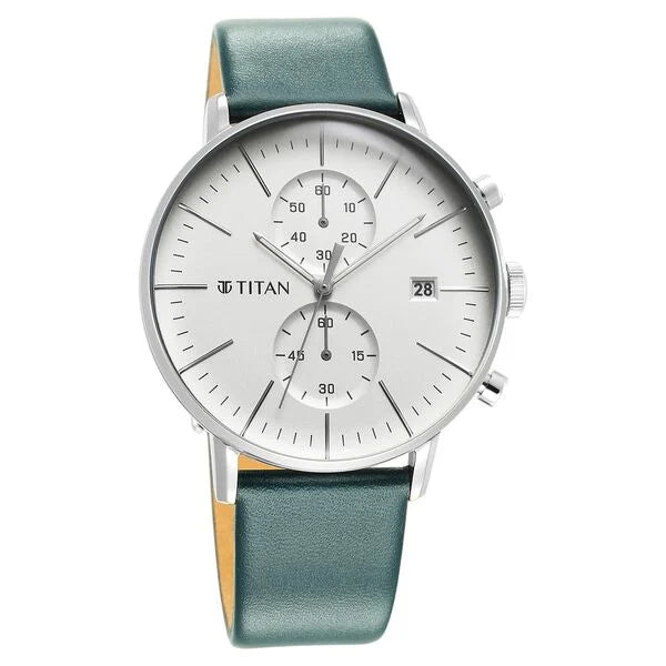 Titan Quartz Chronograph Silver Dial Leather Strap Watch For Men NR90146SL01