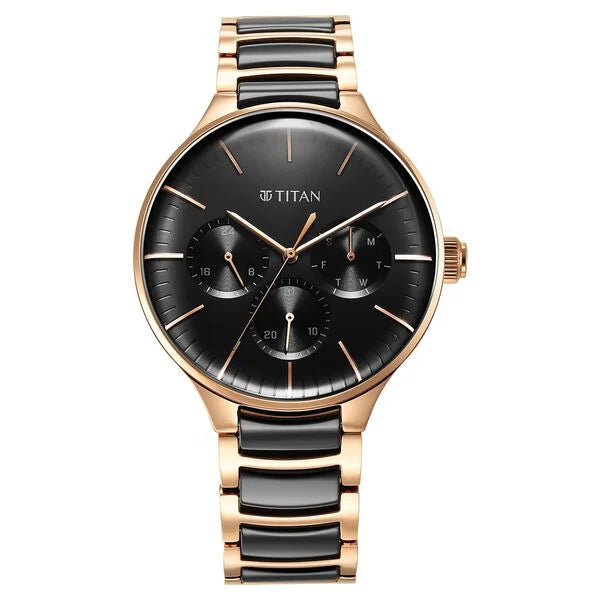 Ceramic Fusion Quartz Multifunction Black Dial Rose Gold Dual-Toned Stainless Steel Bracelet Watch for Men