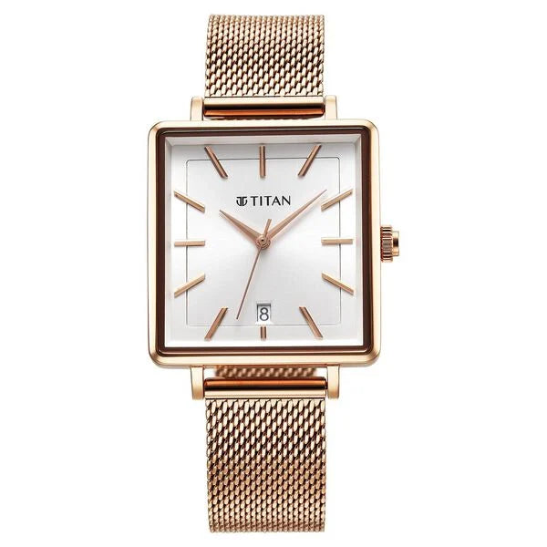 Titan Minimalists Quartz Analog with Date Silver Dial Rose Gold Stainless Steel Strap Watch for Women -94205YM01