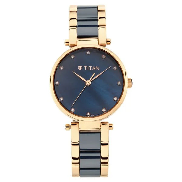 Titan Quartz Analog Blue Dial Ceramic Strap Watch For Women NT95061WD05