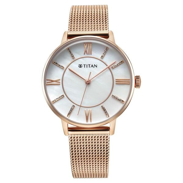 Titan TGIF Quartz Analog Mother Of Pearl Dial Rose Gold Stainless Steel Strap Watch for Women NT95248WM02
