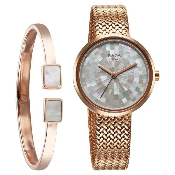 Titan Raga Memoirs Quartz Analog Mother Of Pearl Dial With Rose Gold Metal Strap Watch For Women 95253WM02F