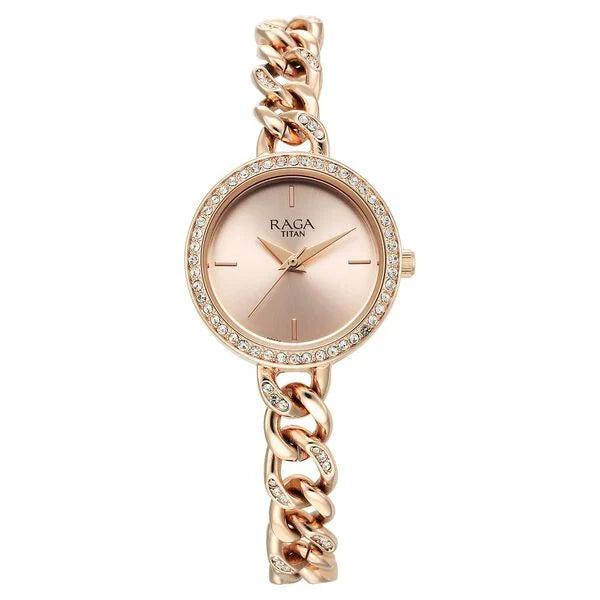 Titan Raga Showstopper Quartz Analog Rose Gold Dial Metal Strap Watch for Women NT95288WM01