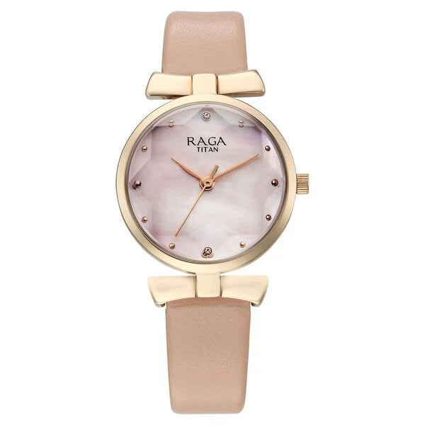 Titan Raga Showstopper Quartz Analog Pink Dial Leather Strap Watch For Women 95308WL01