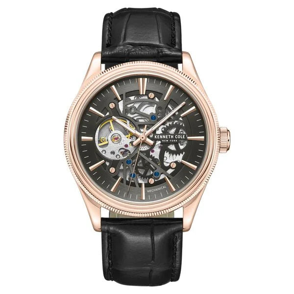 Kenneth Cole Mechanical Hand Wound Analog Mechanical Grey Dial With Black Leather Strap Watch For Men KCWGE0048904MN