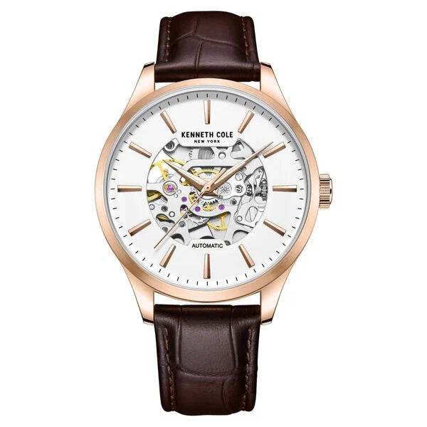Kenneth Cole Automatic White Dial Leather Strap Watch For Men KCWGX2216901MN